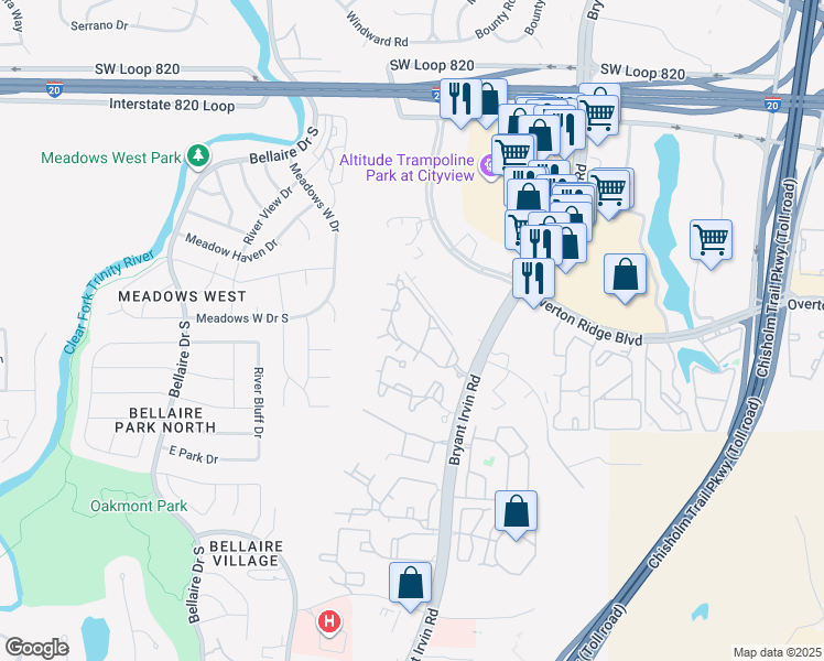 map of restaurants, bars, coffee shops, grocery stores, and more near 5206 Bryant Irvin Road in Fort Worth