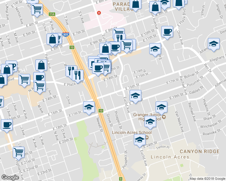 map of restaurants, bars, coffee shops, grocery stores, and more near 2227 East 16th Street in National City