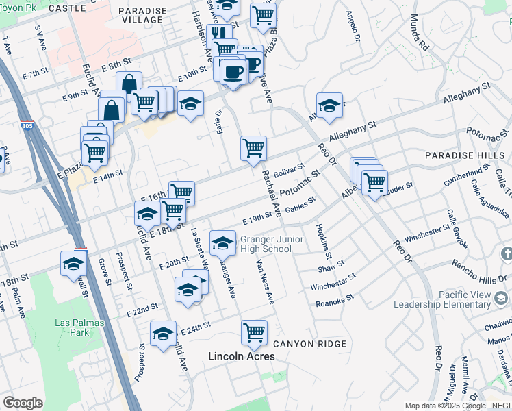 map of restaurants, bars, coffee shops, grocery stores, and more near 3040 East 18th Street in National City