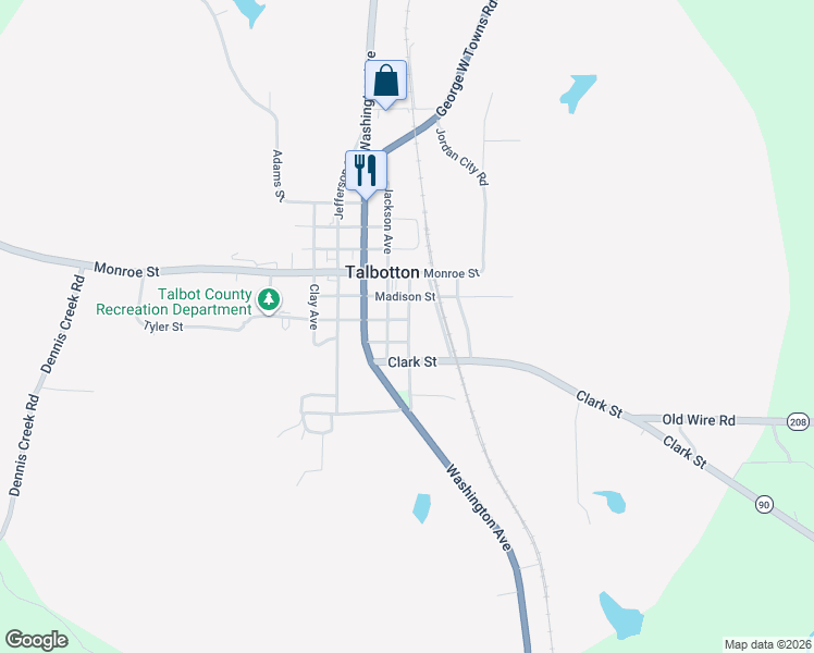 map of restaurants, bars, coffee shops, grocery stores, and more near 120 College Avenue in Talbotton