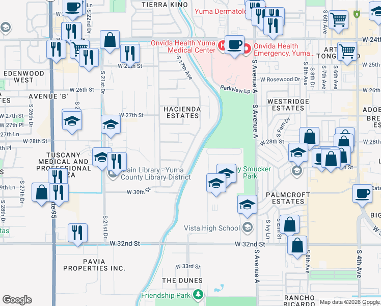 map of restaurants, bars, coffee shops, grocery stores, and more near 1700-1762 West 28th Drive in Yuma