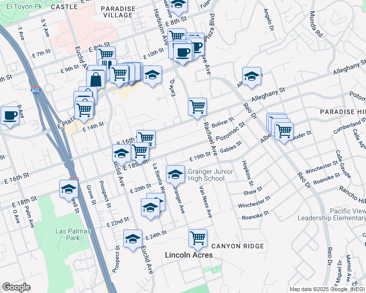 map of restaurants, bars, coffee shops, grocery stores, and more near 2927 East 18th Street in National City
