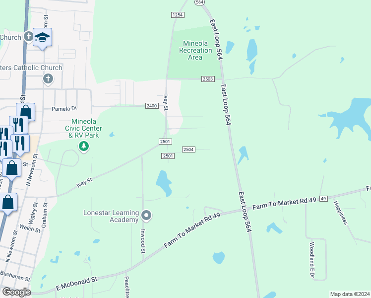 map of restaurants, bars, coffee shops, grocery stores, and more near 167 Lackland Place in Mineola