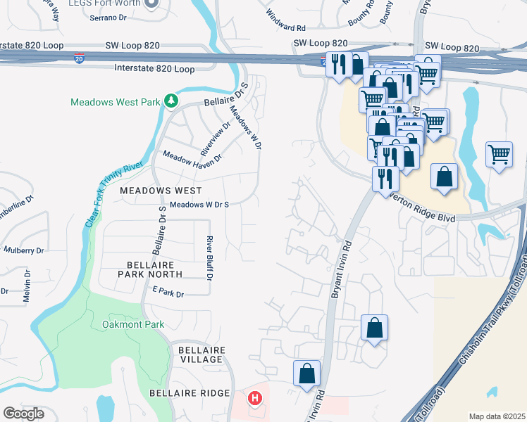 map of restaurants, bars, coffee shops, grocery stores, and more near 5013 Bentwood Court in Fort Worth