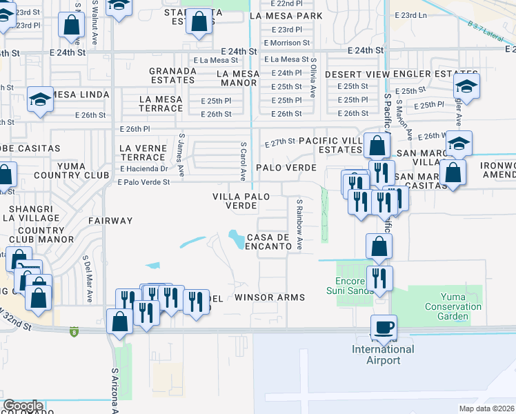 map of restaurants, bars, coffee shops, grocery stores, and more near 2950 South Mary Avenue in Yuma