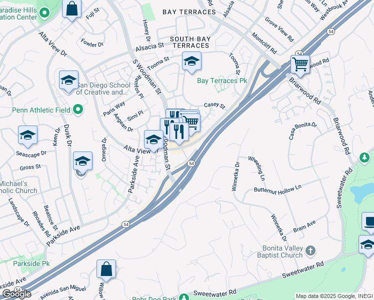 map of restaurants, bars, coffee shops, grocery stores, and more near 2919 Alta View Drive in San Diego