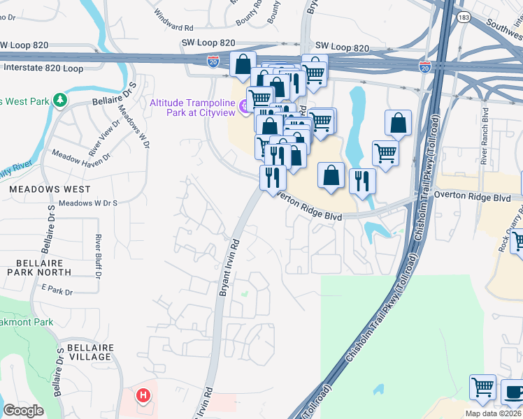 map of restaurants, bars, coffee shops, grocery stores, and more near 5851 Overton Ridge Boulevard in Fort Worth