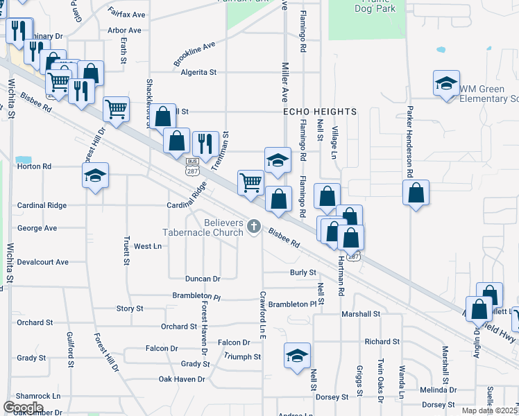 map of restaurants, bars, coffee shops, grocery stores, and more near 4100 Mansfield Highway in Fort Worth