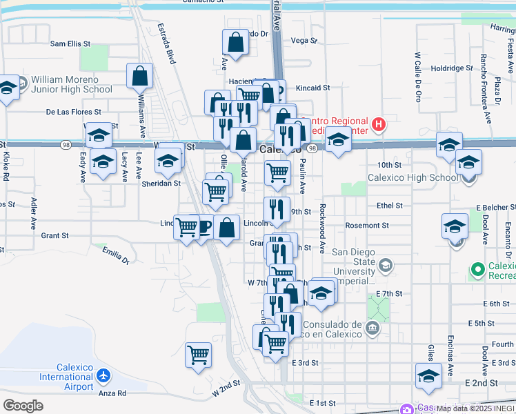 map of restaurants, bars, coffee shops, grocery stores, and more near 839-899 Emerson Avenue in Calexico