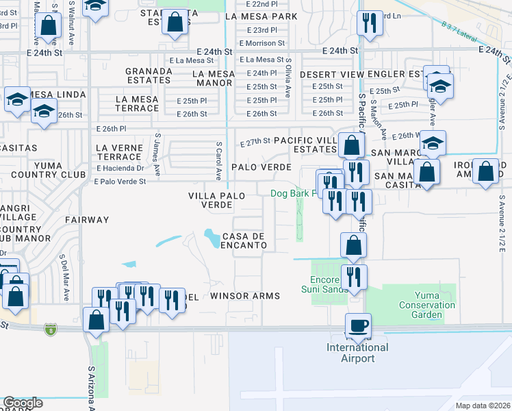 map of restaurants, bars, coffee shops, grocery stores, and more near 1416 East Sunset Court in Yuma