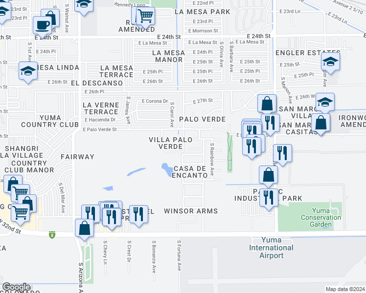 map of restaurants, bars, coffee shops, grocery stores, and more near 2950 South Mary Avenue in Yuma