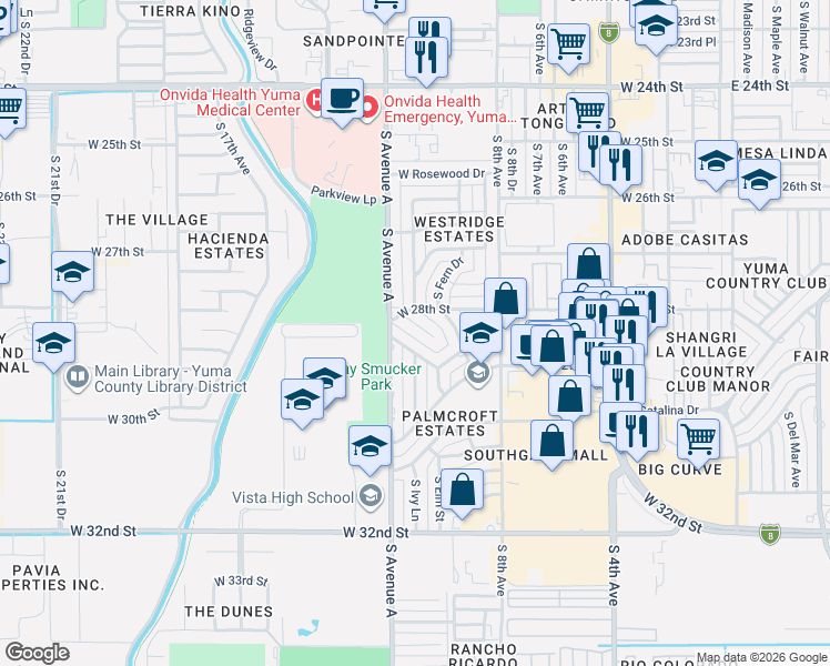 map of restaurants, bars, coffee shops, grocery stores, and more near 2855 South Vista Lane in Yuma