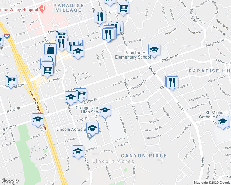 map of restaurants, bars, coffee shops, grocery stores, and more near 3040 East 18th Street in National City