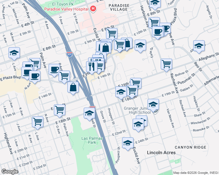 map of restaurants, bars, coffee shops, grocery stores, and more near 2227 East 16th Street in National City