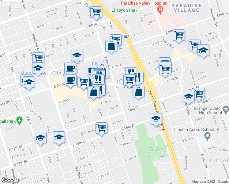 map of restaurants, bars, coffee shops, grocery stores, and more near 1634 East Plaza Boulevard in National City