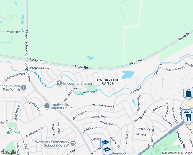 map of restaurants, bars, coffee shops, grocery stores, and more near 5237 Buffalo Gap Trail in Fort Worth
