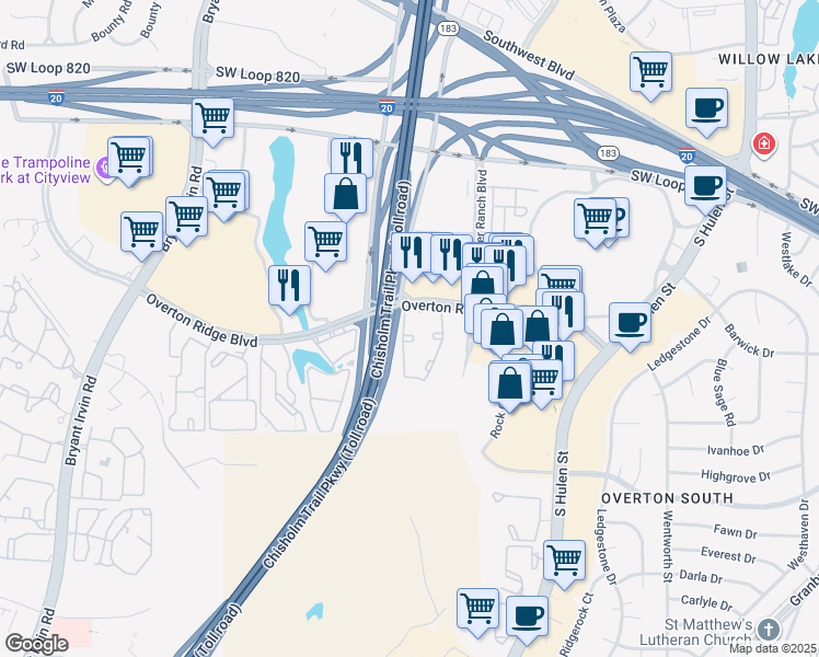 map of restaurants, bars, coffee shops, grocery stores, and more near 5017 Overton Ridge Boulevard in Fort Worth