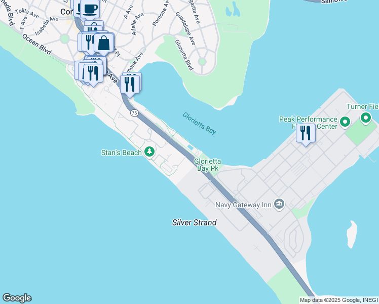 map of restaurants, bars, coffee shops, grocery stores, and more near 1985 Strand Way in Coronado
