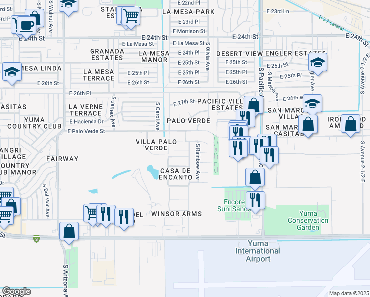 map of restaurants, bars, coffee shops, grocery stores, and more near 1416 East Sunset Court in Yuma