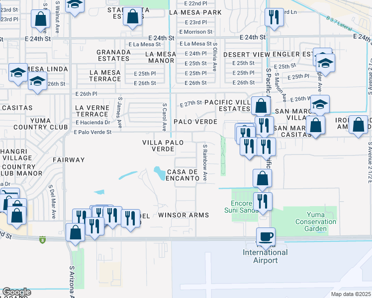 map of restaurants, bars, coffee shops, grocery stores, and more near 1416 East Sunset Court in Yuma