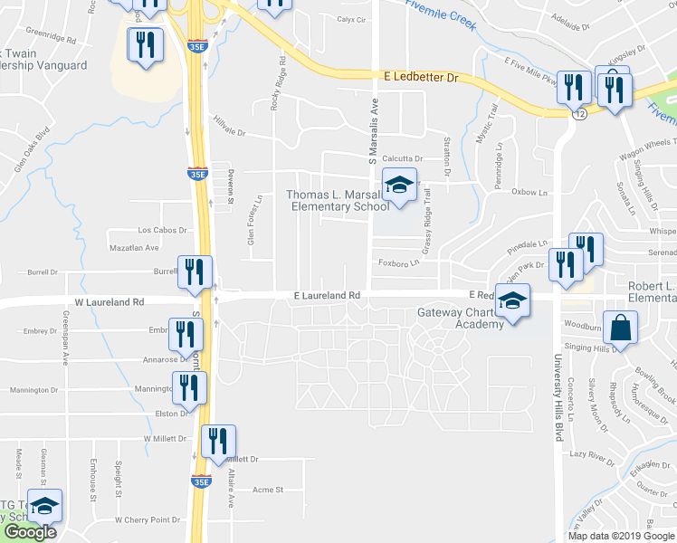 map of restaurants, bars, coffee shops, grocery stores, and more near 5815 Shady Crest Trail in Dallas