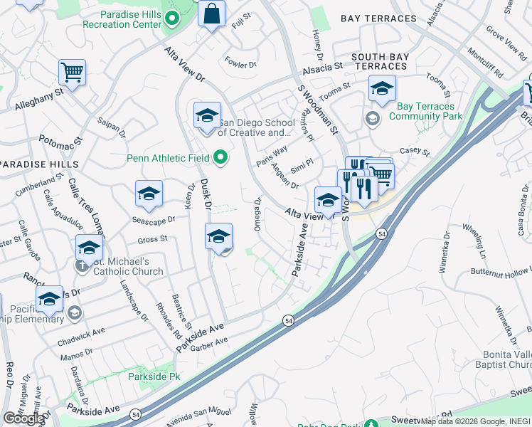 map of restaurants, bars, coffee shops, grocery stores, and more near 6556 Pinecone Lane in San Diego