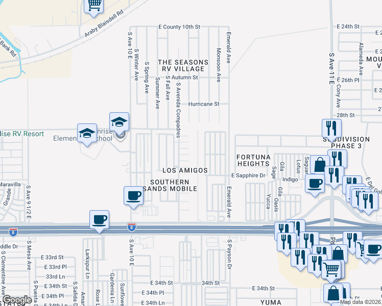 map of restaurants, bars, coffee shops, grocery stores, and more near 10348 East 29th Street in Yuma