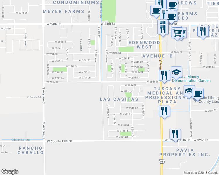 map of restaurants, bars, coffee shops, grocery stores, and more near 2853 South 32nd Avenue in Yuma