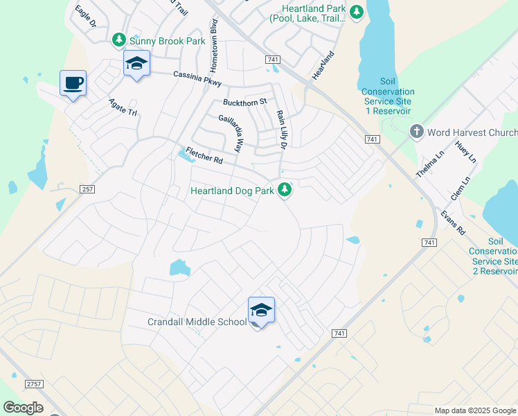 map of restaurants, bars, coffee shops, grocery stores, and more near 3982 Bellingham Lane in Crandall