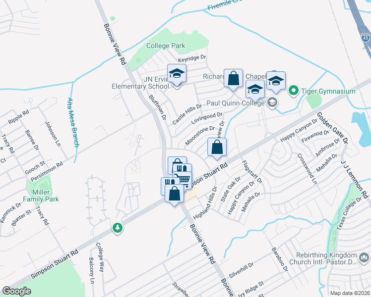 map of restaurants, bars, coffee shops, grocery stores, and more near 5951 Highland Hills Drive in Dallas