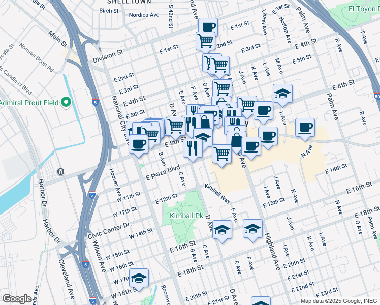 map of restaurants, bars, coffee shops, grocery stores, and more near 420 East 9th Street in National City