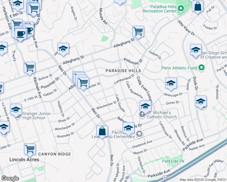 map of restaurants, bars, coffee shops, grocery stores, and more near 2412 Calle Gaviota in San Diego