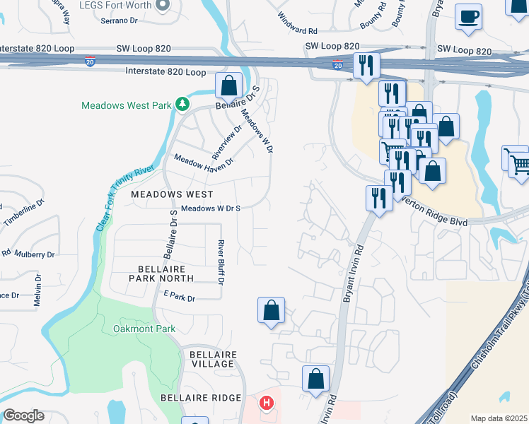 map of restaurants, bars, coffee shops, grocery stores, and more near 5013 Bentwood Court in Fort Worth