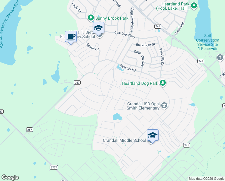 map of restaurants, bars, coffee shops, grocery stores, and more near 3450 Kirby Lane in Crandall