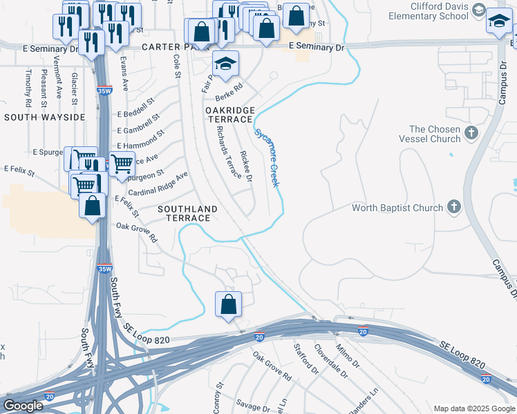 map of restaurants, bars, coffee shops, grocery stores, and more near 4937 Rickee Drive in Fort Worth