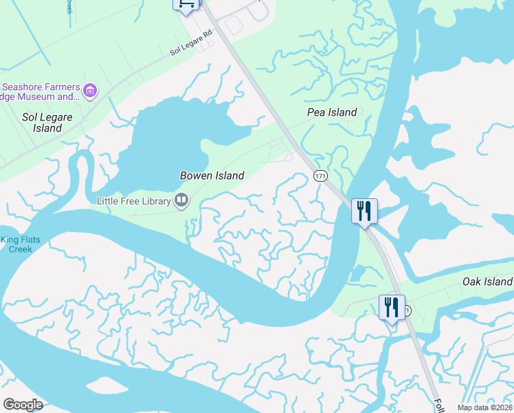 map of restaurants, bars, coffee shops, grocery stores, and more near Bowens Island Road in Charleston