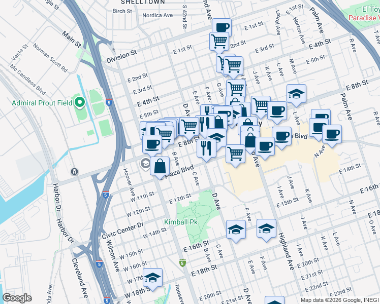 map of restaurants, bars, coffee shops, grocery stores, and more near 311 East 9th Street in National City