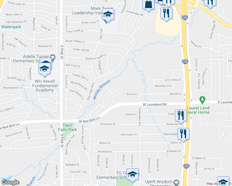map of restaurants, bars, coffee shops, grocery stores, and more near 5848 Forest Haven Trail in Dallas