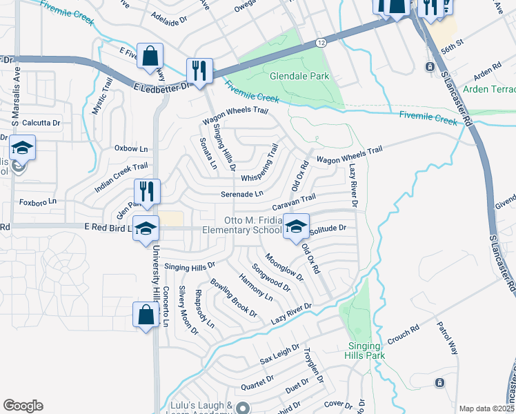 map of restaurants, bars, coffee shops, grocery stores, and more near 1445 Caravan Trail in Dallas
