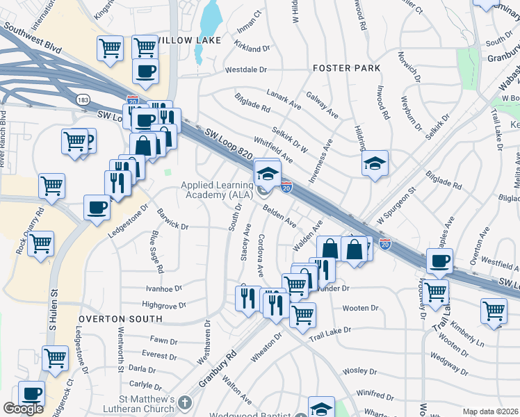 map of restaurants, bars, coffee shops, grocery stores, and more near 4904 Stacey Avenue in Fort Worth