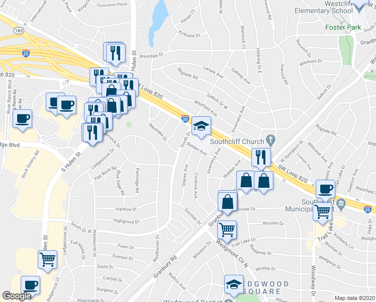 map of restaurants, bars, coffee shops, grocery stores, and more near 4904 Stacey Avenue in Fort Worth