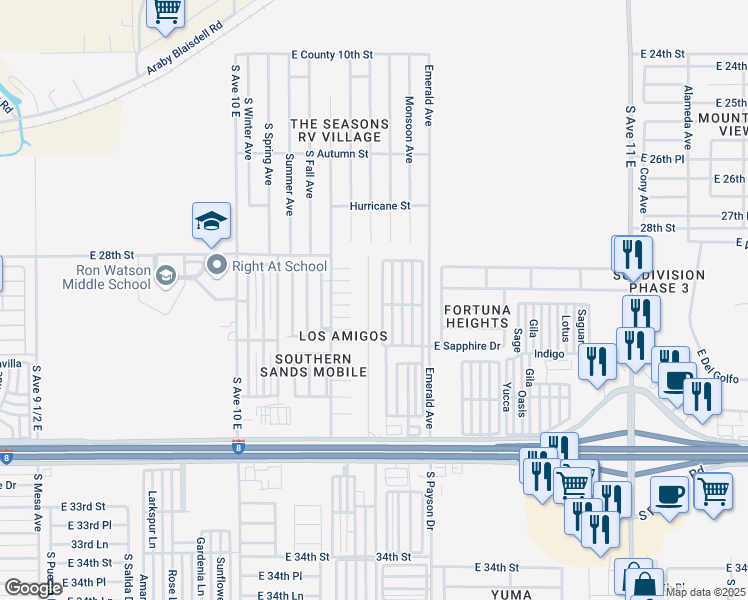 map of restaurants, bars, coffee shops, grocery stores, and more near 10746 South Pearl Avenue in Yuma