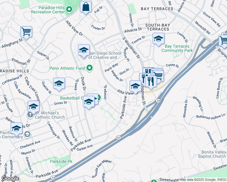 map of restaurants, bars, coffee shops, grocery stores, and more near 2760 Alta View Drive in San Diego