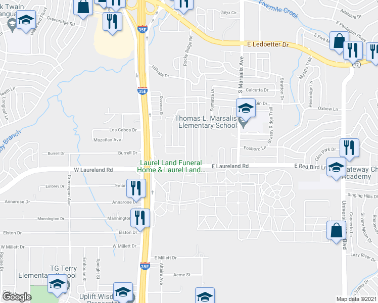 map of restaurants, bars, coffee shops, grocery stores, and more near 5820 Rocky Ridge Road in Dallas