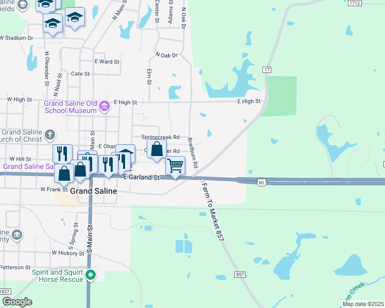 map of restaurants, bars, coffee shops, grocery stores, and more near 376 Bradburn Road in Grand Saline
