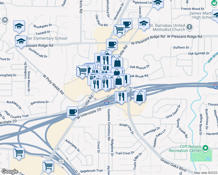map of restaurants, bars, coffee shops, grocery stores, and more near 5801 Interstate 20 West in Arlington