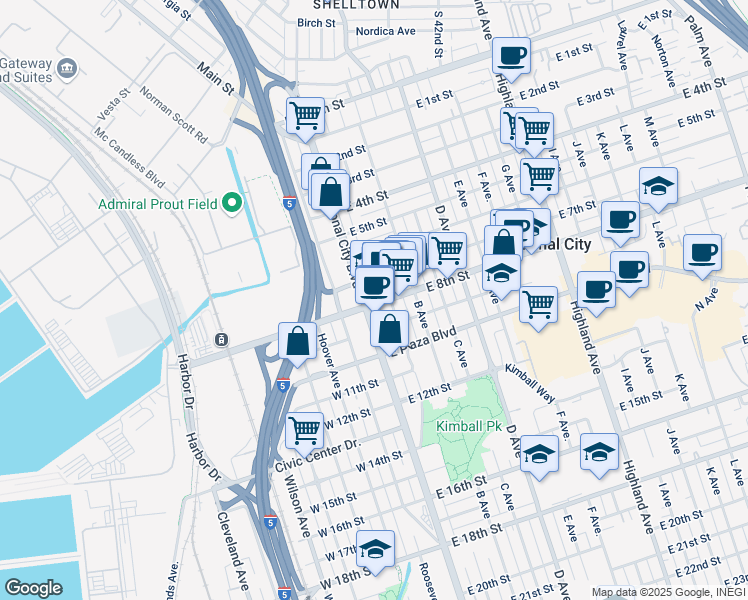 map of restaurants, bars, coffee shops, grocery stores, and more near 29 East 8th Street in National City