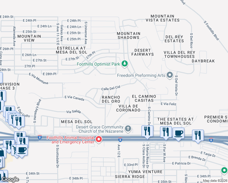 map of restaurants, bars, coffee shops, grocery stores, and more near 10586 Calle Raquel in Yuma