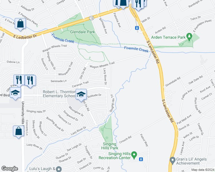 map of restaurants, bars, coffee shops, grocery stores, and more near 5930 Lazy River Drive in Dallas