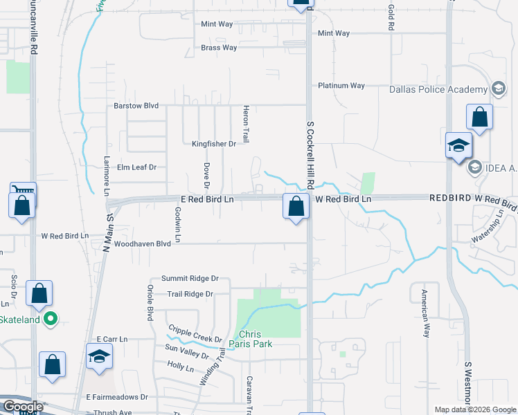 map of restaurants, bars, coffee shops, grocery stores, and more near 610 East Red Bird Lane in Duncanville